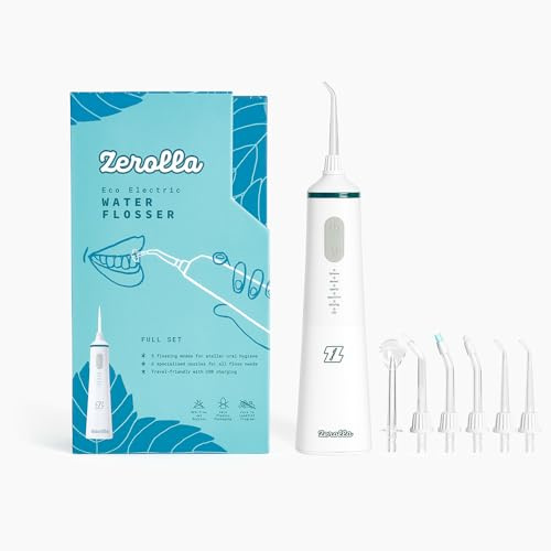 Zerolla Eco Electric Water Flosser - Juego completo de irrigador dental inalámbrico para dientes con 5 modos de hilo dental y 6 boquillas de chorro especializadas, recargable por USB e impermeable