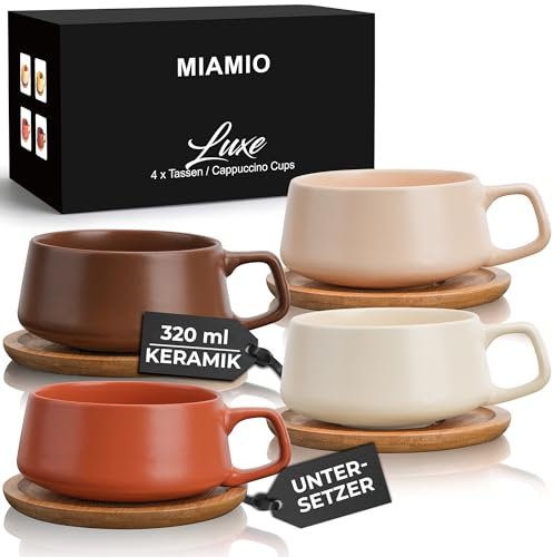MIAMIO – 320 ml, Set of 4 Ceramic Tea Cup and Saucer Bamboo/Tea Mug - Wide Cappuccino Cup, Coffee Cups Ceramic Mug for Cappuccino, Latte, Espresso & Americano - Luxe Collection (Beige Pastel)