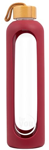 for you Nachhaltige Trinkflasche red berry | 1000ml aus Glas mit Silikonhülle & spülmaschinenfest | 1Liter Auslaufsichere Wasserflasche mit Bambusdeckel | geeignet von -20°C – 150°C