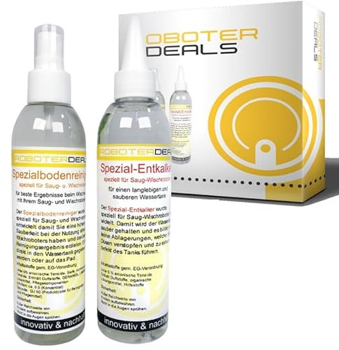 Set di pulizia per tutti i modelli di robot aspirapolvere e produttori (1 detergente per pavimenti, 1 decalcificante). Protegge il serbatoio dell'acqua da impurità e l'intero robot.