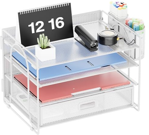 Marbrasse Schreibtisch Organizer Tablett,4 Ebenen Papier Briefablage Organizer mit Schublade und 2 Stifthalter,Netz-Schreibtisch-Organizer für Zuhause Bürobedarf(Weiß)