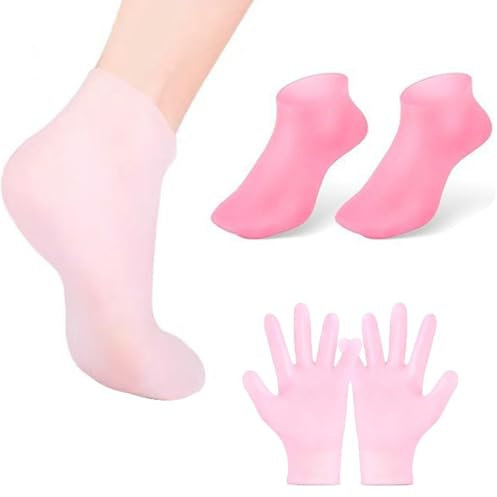 Melearch Set Calzini Guanti Idratanti in Silicone, Calzini Spa per Piedi in Silicone per Donna, Calzini Antiscivolo in Aloe per Riparare i Piedi Secchi e Screpolati (Rosa)