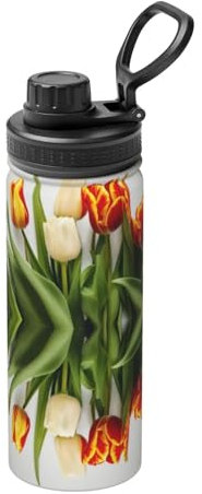 Botella de agua de acero inoxidable con aislamiento al vacío de 18 onzas con estampado de tulipanes coloridos, termo de doble pared, a prueba de flas deportivas