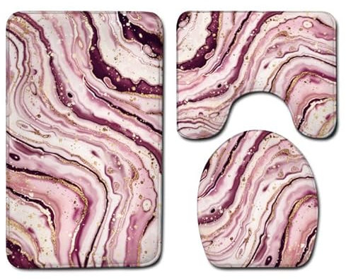 Bad Teppiche Set 3-Teiliges Lila Rosa Marmor WC Vorleger Mit Ausschnitt Badematte Saugfähig WC Deckelbezug Badvorleger rutschfest Waschbar Toilettensitzbezug Badgarnitur (50x80cm)