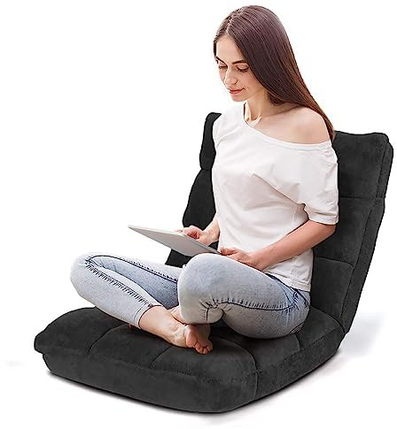 FANTASK Cuscino da pavimento con schienale regolabile, poltrona da pavimento imbottita, sedia da pavimento, pieghevole, per meditazione, cuscino tailandese, nero