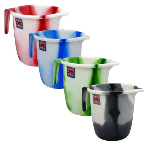 4 x 1.5L Litre Plastic Water Jug with Handle and Spout Kitchen Plastic Mugs for Bathroom, Hair Washing Jug (Assorted Colours)
