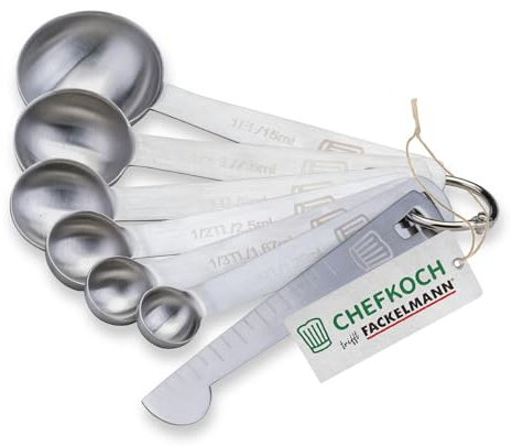 Chefkoch trifft Fackelmann Premium Edelstahl Messlöffelset, 7-Teilig, Eingravierte Maßangaben, Perfekt für Gewürze und Flüssigkeiten, Spülmaschinengeeignet
