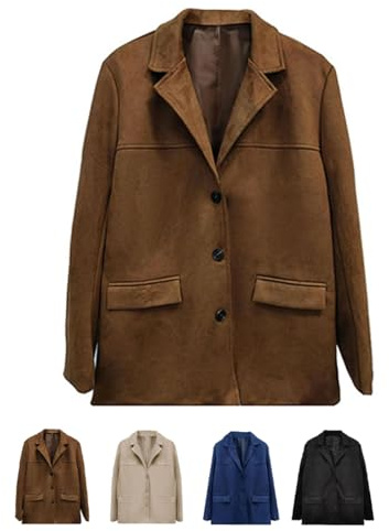 POIOZXD Chaqueta de Ante Sintético para Mujer Primavera Otoño con Botones Retro Marrón Holgada con Bolsillos Manga Larga Chaqueta de Traje de Ante Mujer Chaquetas Bomber, marrón, M