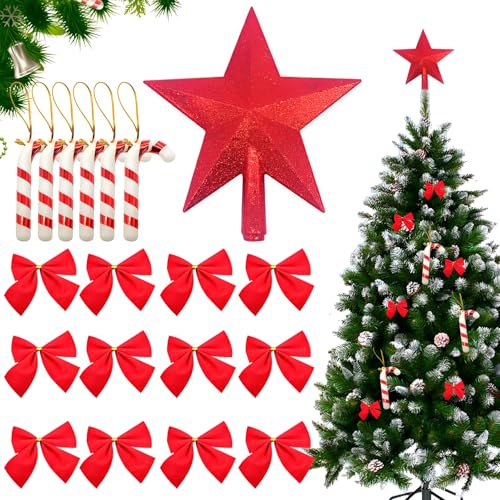 Weihnachtsbaum Deko Set - Weihnachtsbaumspitze Stern*1 Und Weihnachtsschleifen*12 Mit Zuckerstangen Zum Hängen*6, Weihnachtsbaum Spitze, Weihnachtsbaumspitzen, Für Weihnachtsbaumschmuck
