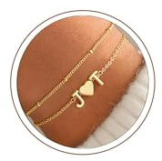 Turandoss Herz Armband mit Buchstaben Damen Gold, 14K Vergoldete 2 Buchstaben Armband Herz Armbänder Damen, Geschenke für Frauen Teenager Mädchen Freundin Mama Schmuck