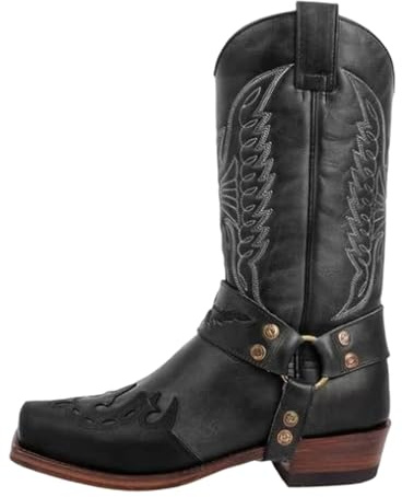 Stivali da Cowboy Western in Pelle con Punta Quadrata Uomo Lavoro Casual a metà Polpaccio Country Ricamati Tradizionali