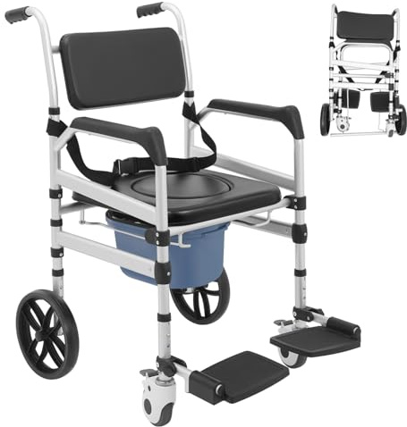 Höhenverstellbarer Toilettenstuhl, Fahrbarer Toilettenstuhl mit Rollen, Duschstuhl Klappbarer bis 150 kg Belastbar, Duschzusatzstuhl mit Armlehne und Toilette, für Toilette Badezimmer Schlafzimmer