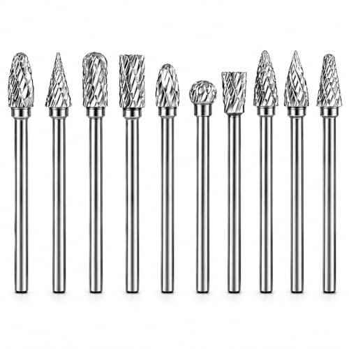 10PCS Tungsten Carbide Rotary Burr Set Double Cut Carbide Burr for Metal Wood Plastic, 1/8 Inch Shank Die Grinder Bits Rotary Tool Accessories for Engraving Carving Grinding