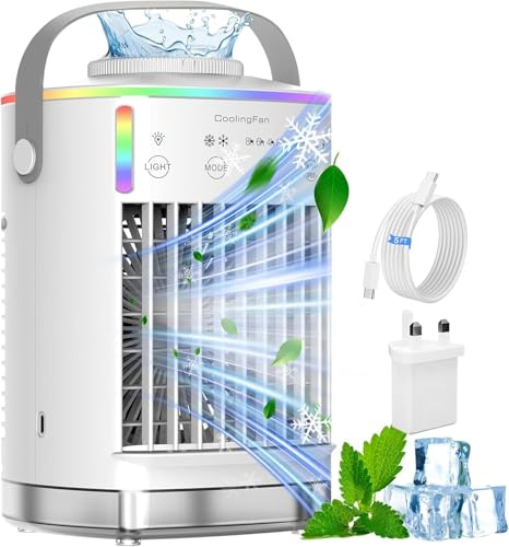 Mini Air Cooler, Portable Air Conditioner, 4 in 1 Mini Air Conditioner, 2 Cool Mist, 4 Wind Speeds, 7 RGB Light & Timer, Personal Use Air Cooler Fan for Home, Office, Bedroom (Beige)