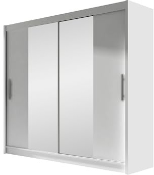 Mirjan24 London II Armoire avec miroir, armoire à portes coulissantes, armoire à portes pivotantes, moderne armoire de chambre à coucher 180x215x58cm, garde-robe (Blanc)