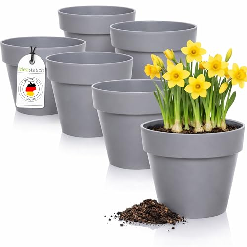 idea-station IBI Blumentopf Set 6 x 12 cm - grau - bruchsichere Blumentöpfe aus Plastik für verschiedenste Pflanzen, Blumen oder Kräuter - Matte Übertöpfe für innen und außen