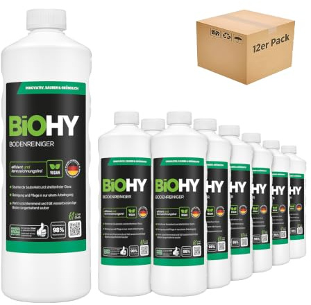 BiOHY Limpiador de suelo (12 botellas de 1 litro) | Concentrado para todos los aparatos de limpieza y todos los suelos duros (Bodenreiniger)