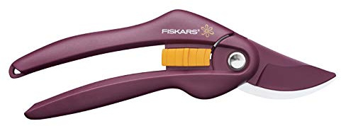 FISKARS Forbici da giardino con lame bypass per rami e ramoscelli freschi, Lunghezza 20 cm, Rivestimento antiaderente, Lame in acciaio al carbonio/Impugnature in plastica, Zafferano, Merlot, 1027495
