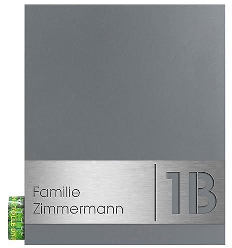 Design-Briefkasten mit Zeitungsfach mit Gravur Name und Hausnummer grau-aluminium (RAL 9007) Mocavi Box 111 Postkasten Zeitungsrolle Wandbriefkasten groß