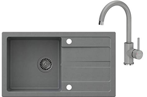 VBChome Spülbecken mit Armatur Grau 77 x 43,5 cm Granit Einzelbecken Einbauspüle Abtroffläche gesprenkelt reversibel Verbundspüle Küchenarmatur + Siphon + Spülmittelspender