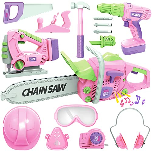Kids Tool Set with Electric Toy Drill Chainsaw Jigsaw Toy Tools for Girl, Realistic Kids Power Construction Pretend Play Tools Set Toddler Toys Playset Kit for Toddler Boy Girl Kid Child Tool Toy Pink