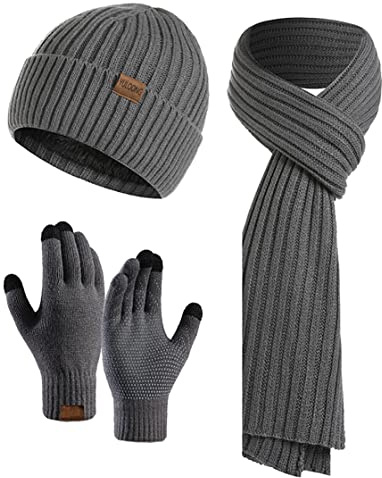 YULOONG Winter Beanie Mütze Schal Touchscreen Fahrhandschuhe für Herren Damen Rippstrick 3 in 1 Set