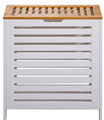 Rebecca Mobili Cesto para la colada sucia con tapa de madera de bambú MDF blanco marrón para ahorrar espacio, organización de la lavadería del baño - Medidas 55 x 50 x 30 cm - Art. RE6711