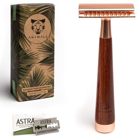 ANYMALE® Rasoio in oro rosa in legno di sandalo – Set da donna con 5 lame ASTRA – Rasoio senza plastica per una rasatura delicata a umido