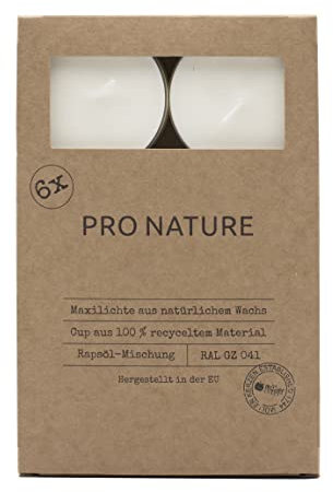 Müller Kerzen PRO NATURE Teelichter - Stearin Maxi-Lichte - Weiß - 6 Stück - 8 Stunden Brenndauer - Paraffin- und Palmölfrei - Ohne Duft - Natürliche Wachs - RAL Qualitä