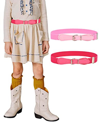 Kiench Mädchen Gürtel Elastisch Verstellbar Kinder Stretchgürtel mit Lederverschluss 2er-Pack Rosa & Amaranth EU Taillenumfang 50cm-65cm = Gesamtlänge 65cm