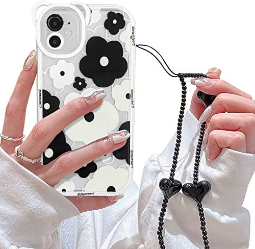 NITITOP Compatible for iPhone 11 Case Clear Floral Bear Camera Lens Case with Lovely Flower Bracelet Chain for Women Girls, Soft TPU Protective -Black
