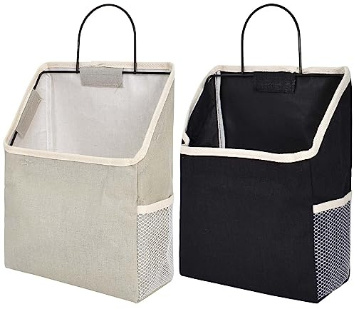 Nramwell 2 PCS Wall Hanging Organiser Bag, Linen Hanging Storage Bag, Fabric Baskets, Grey and Black Organizer for Bedroom Bathroom Dorm, Storage for Toys, Magazines, Snacks