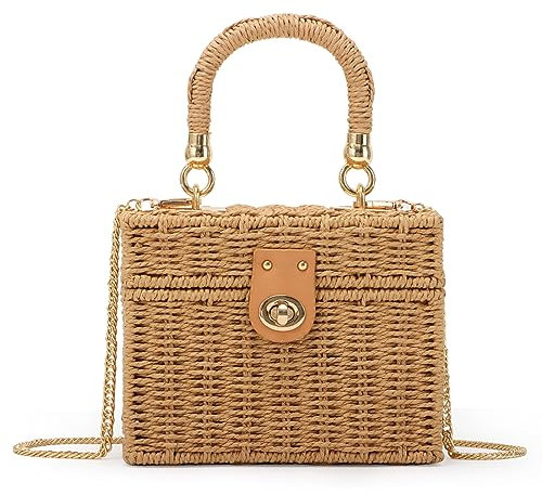 Fecialy Damen Handgewebte Rattan Handtasche Strand Stroh Tote Tasche Quadrat Umhängetasche Boho Crossbody Bag,Braun