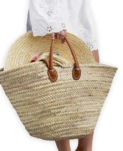 FRENCH BASKET with double flat leather handles, straw bag, beach bag, basket bag, shopping basket, wicker basket with handle, straw market basket