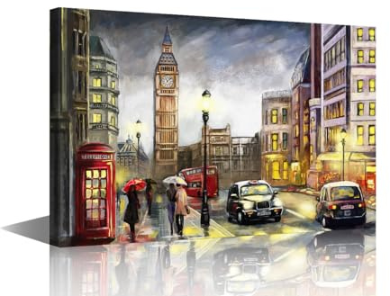 TISHIRON 1 Piece Street View of London Canvas Wall Art Big Ben Picture Bus and Road Oil Painting Style for Bedroom Home Decor for Living Room Framed Ready to Hang 16x24 in