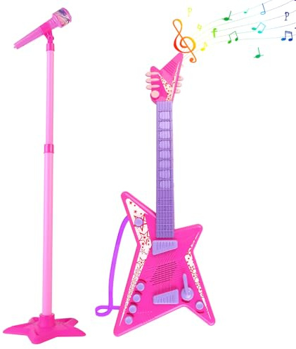 deAO Kids Guitar and Microphone Set,Guitar Toys with Music&Colorful Light,Adjustable Height Microphone with Stand,Music Light Karaoke Music Toys Birthday for Kids Boys Girls