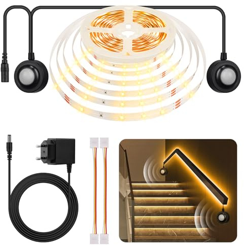 HOUHUI 5m Warmweiß 3000K LED Streifen Dual PIR Bewegungsmelder für Bett | Dual PIR Bewegungssensor, Automatisches Ein-/Ausschalten, LED-Band, für Nachttisch, Treppe, Schrank, Flur, Schlafzimmer