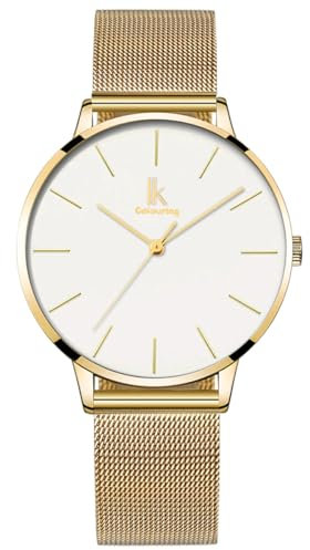 Alienwork Armbanduhr Damen Gold Metall Mesh Armband Edelstahl Weiss Ultra-flach dünn