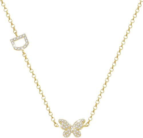 CyxenNova Personalisierte Kette mit Buchstaben Anhänger, Klein Schmetterling Halskette Damen Gold Statement Kette Damen mit Bling Zirkonia Choker Kette Gold, Geschenke für Frauen (D)