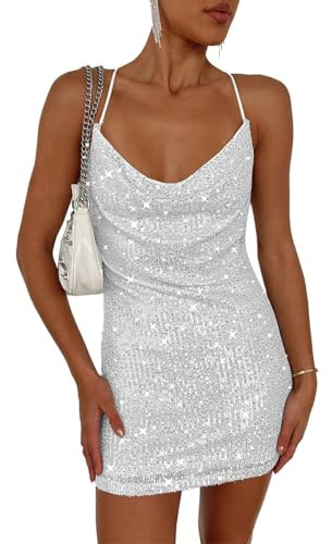 EMOTTOS Sexy Pailletten Glitzer Minikleid, Sexy Damen Rückenfreies Spaghettiträgerkleid, Weiches Swing Saum Bodycon Kleid, Frauen Glänzende Tube Club Cocktail Party Pencil Kleider(Silber, L)