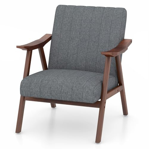 RELAX4LIFE Padded Accent Armchair, Wooden Upholstered Single Lounge Chair with Thick Seat & Anti-slip Pads, Home Leisure Sofa Chair for Living Room Bedroom Office (Light Grey, Without Lumbar Support)