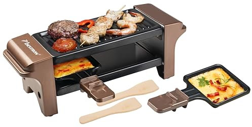 Bestron Mini Raclette, Raclette para 1-2 personas, mini mesa grill con 2 sartenes y 2 rascadores de madera, 350 vatios, Color: Cobre