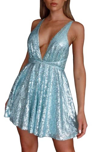 Caxndycing Damen Sparkly Pailletten Minikleid Glitzer Glänzend Tiefer V-Ausschnitt Ärmelloses Kleid Tie Up Rückenfrei A-Linie Schleifen Kleid Abendkleider Spaghettiträger Kleider