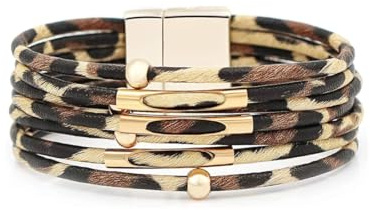 Hanaoops Leder Armband Geflochtenes Lederarmband Verstellbar Breites Lederwickelarmband Mehrschichtiges Manschettenarmband mit Magnetverschluss aus Edelstahl für Damen Mädchen