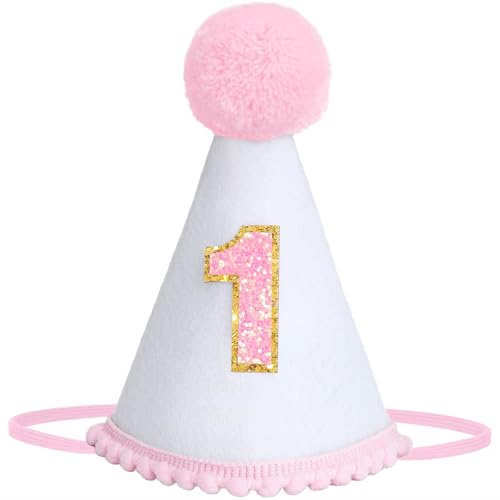 DRESHOW Chapeau Anniversaire Bebe 1 an Chapeau Pointu Anniversaire 1 an avec Pompons Accessoires Photo pour Cake Smash Décoration pour la Tête pour Filles et Garçons