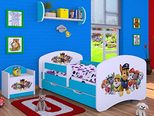 BDW - Kinderbett 140x70cm - Kinderbett mit Rausfallschutz, Matratze, Lattenrost und Schublade - Bett für Mädchen, Jungen - mit Stauraum - Bett Blau mit Motiv Superhund