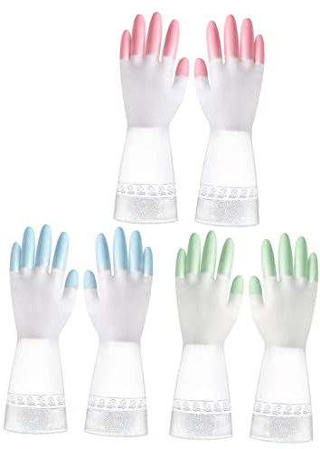 HAMPPLIES 3 Pairs Slip Kitchen Gloves Durable Cleaning Gloves for Home Bathroom and Dishwashing Lightweight and Reusable Pink Green Blue