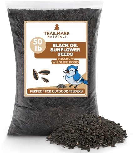 TRAILMARK NATURALS - Semi di girasole olio nero da 50 libbre per uccelli – Premium Wildlife Food – Non – OGM – coltivati negli Stati Uniti – Semi di girasole olio nero per animali selvatici e