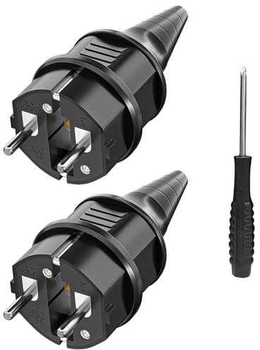 Schuko Stecker mit Knickschutz [2 Stücke], 2 X Gummi Schutzkontaktstecker (250V/16A) +1 X Schraubendreher, Steckdosenstecker Stecker Aussen, Stromstecker IP44 Wasserdicht für Außenbereich, Schwarz
