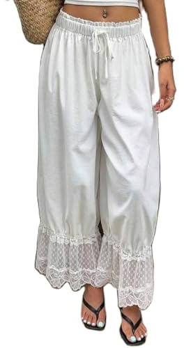 Nsywmzy Womens Wide Leg Pants Woman Y2K Lace Trim Hem Long Bloomers Drawstring Drawstring Mid Rise Lightweight Casual Loose Trousers (White, L)